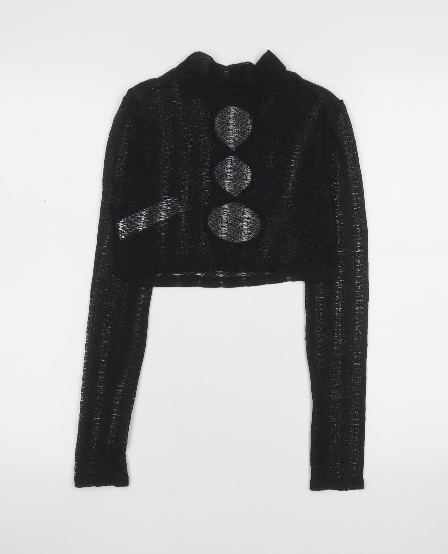 PrettyLittleThing Women's Black Mock Neck Open Knit Crop Jumper Size 6