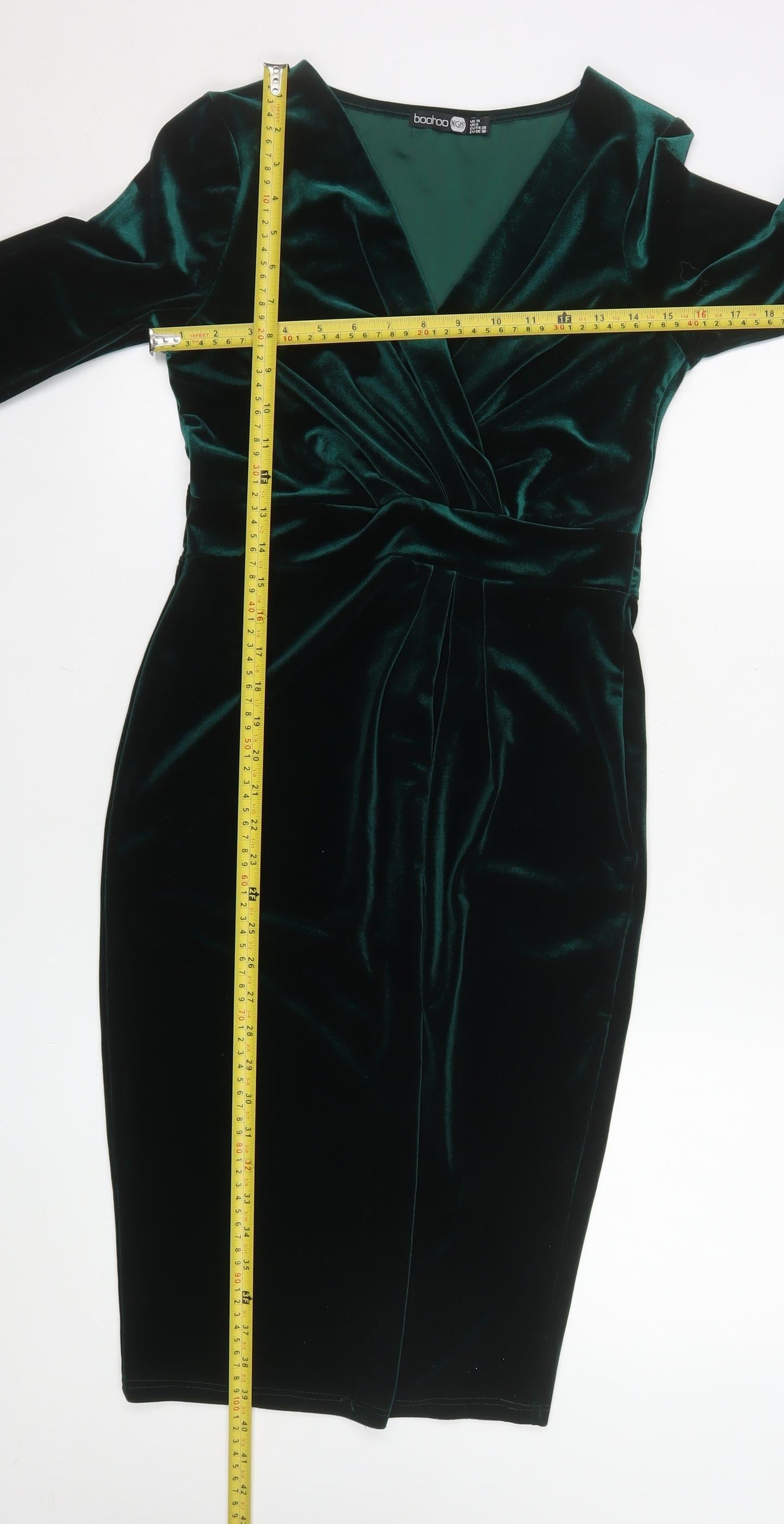 Boohoo Women Green Velvet Bodycon Knee Length Party Dress UK 10