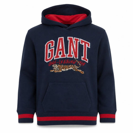 Front view of GANT boys’ navy blue hooded pullover sweatshirt 13-14 years cotton blend