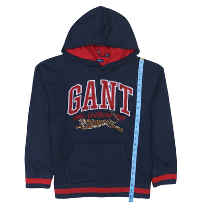 Close-up detail of GANT boys’ navy blue hooded pullover sweatshirt 13-14 years cotton blend