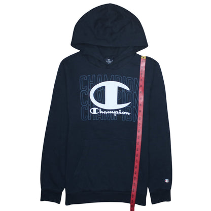 Back view of Champion boys’ black pullover hoodie 13-14 years logo graphic sweatshirt