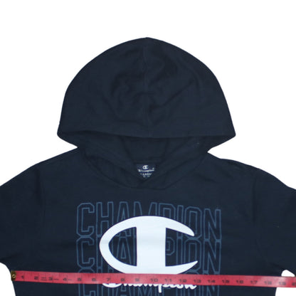Close-up detail of Champion boys’ black pullover hoodie 13-14 years logo graphic sweatshirt
