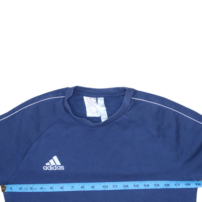 Back view of Adidas boys’ blue crew neck pullover fleece sweatshirt 13-14 years