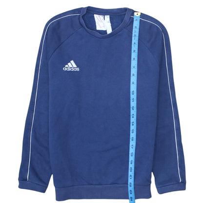 Close-up detail of Adidas boys’ blue crew neck pullover fleece sweatshirt 13-14 years