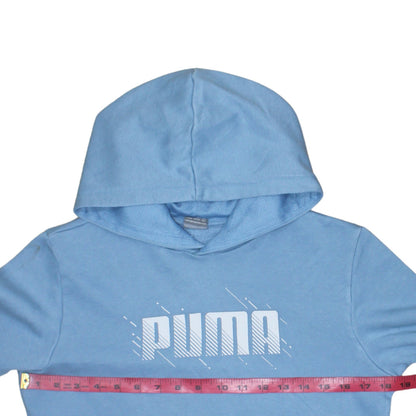 Close-up detail of Puma boys’ blue pullover hoodie 13-14 years logo graphic sweatshirt
