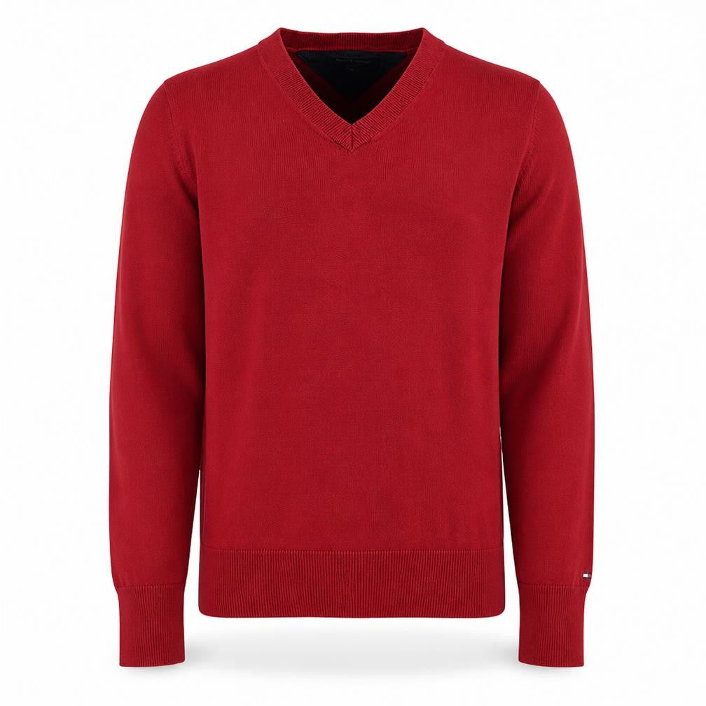 Tommy Hilfiger Men's Red V-Neck Cotton Blend Jumper Size M