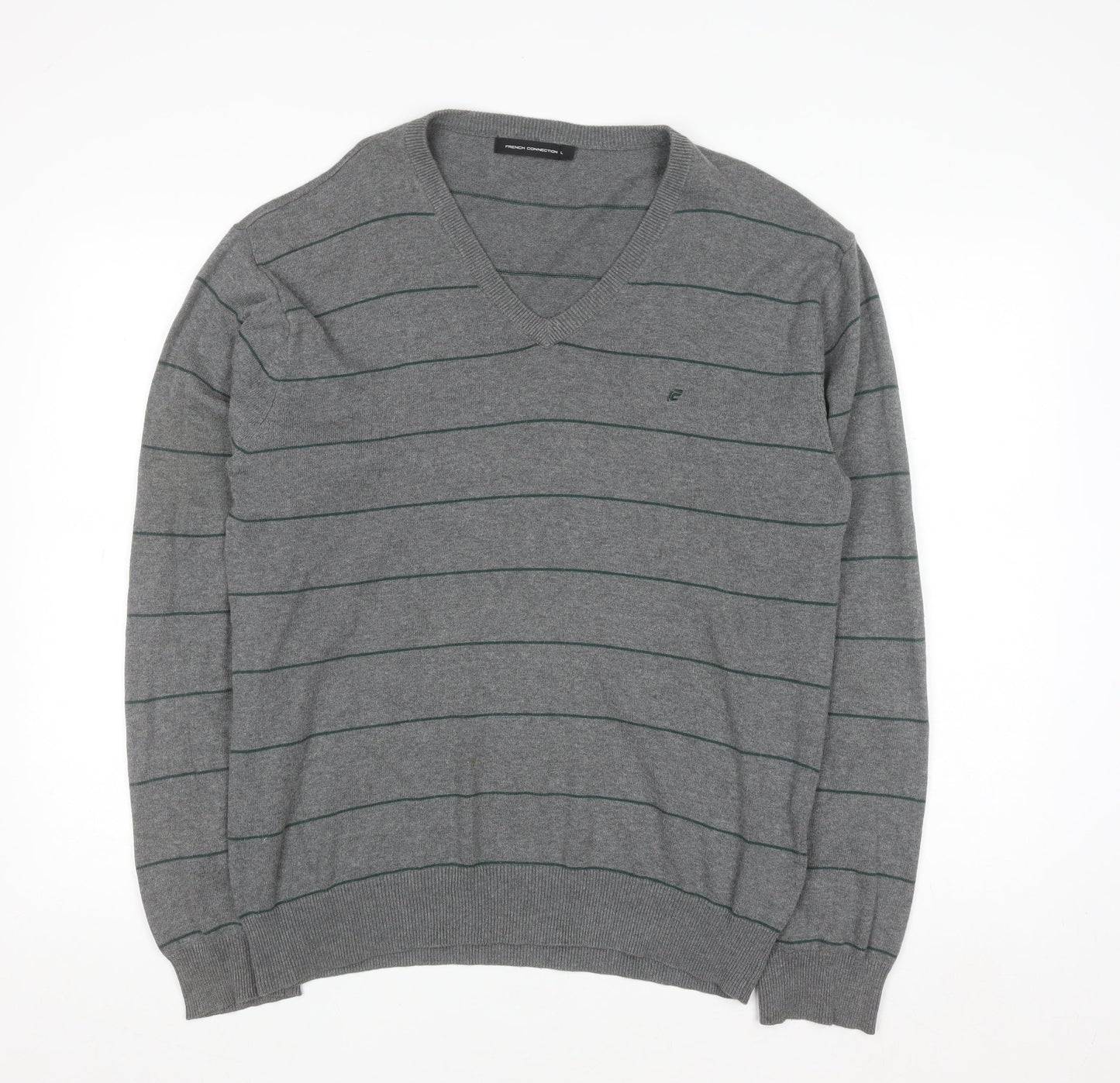 French Connection Men's Grey Striped Cotton V-Neck Jumper L