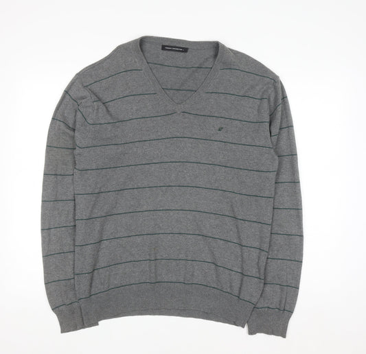 French Connection Men's Grey Striped Cotton V-Neck Jumper L
