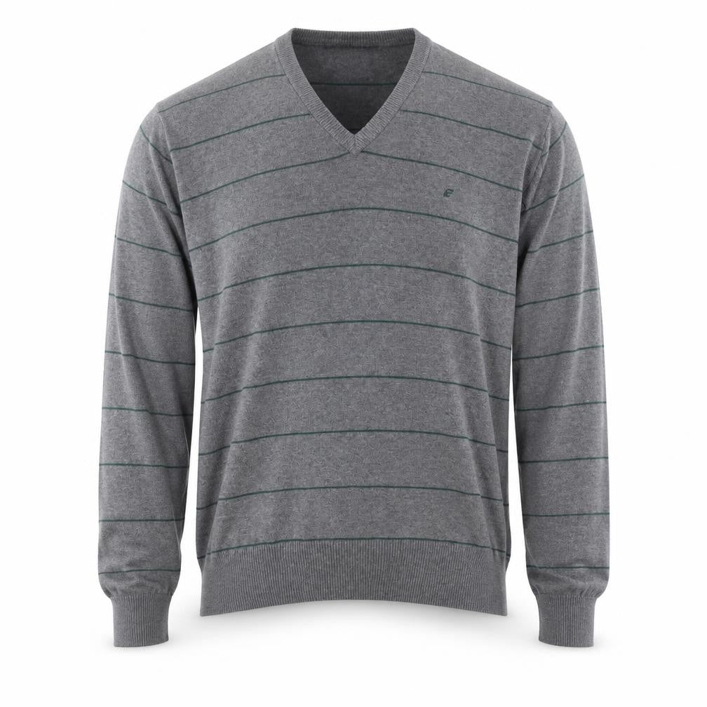French Connection Men's Grey Striped Cotton V-Neck Jumper L