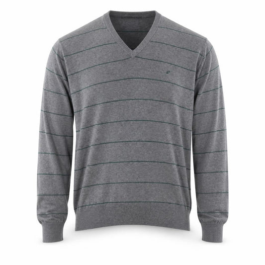 Front view of French Connection Men's Grey Striped Cotton V-Neck Jumper L