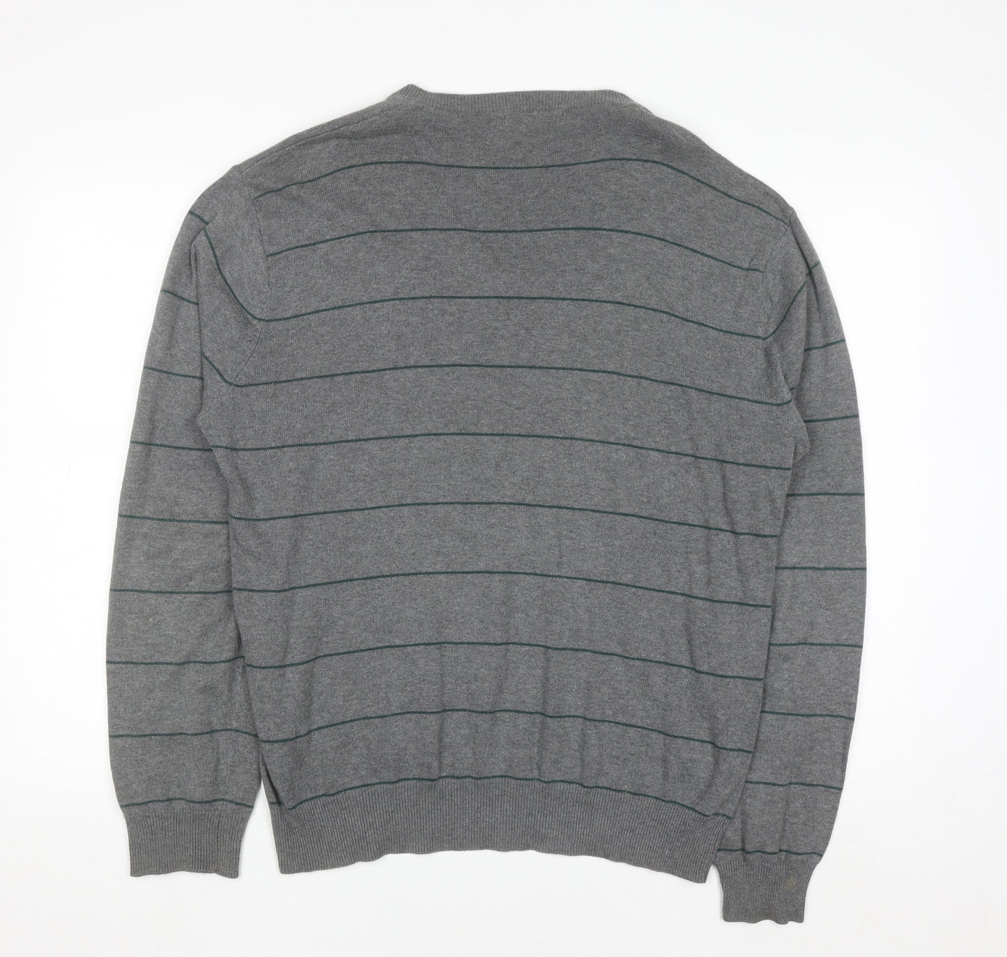 French Connection Men's Grey Striped Cotton V-Neck Jumper L