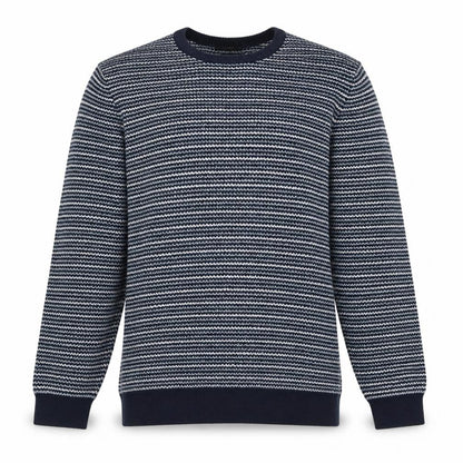 Front view of Dunnes Men’s Blue Striped Crew Neck jumper 2XL