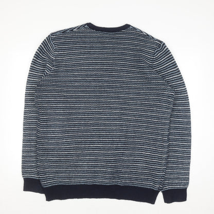 Close-up detail of Dunnes Men’s Blue Striped Crew Neck jumper 2XL