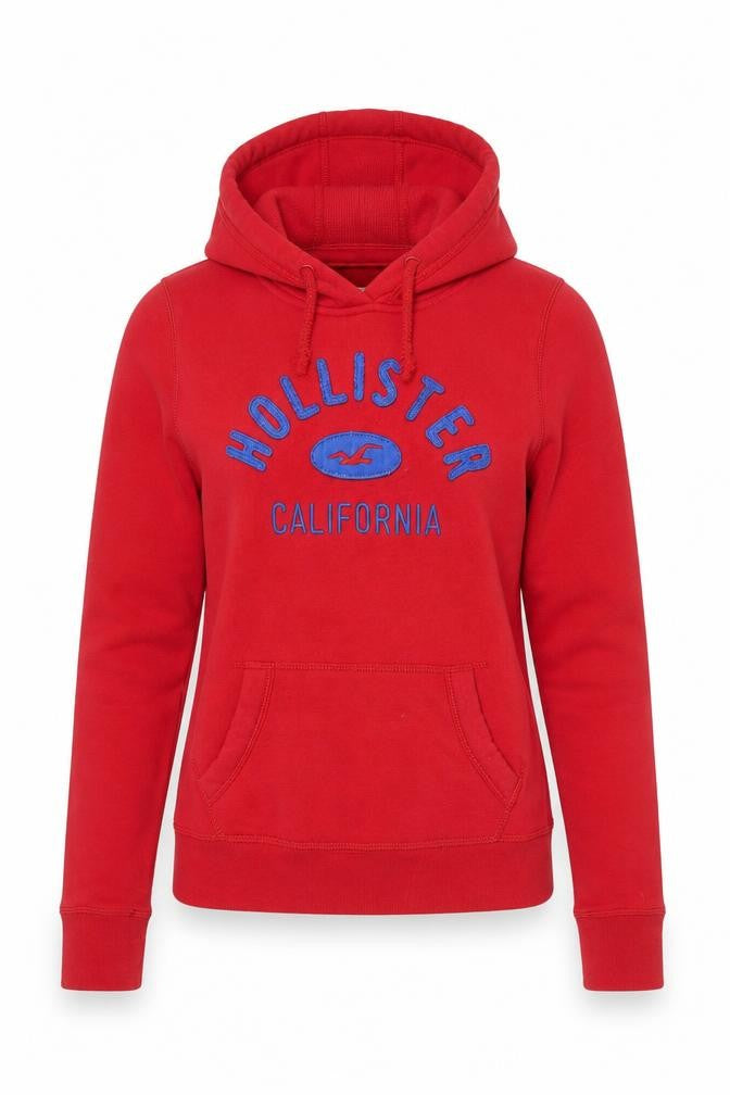 Hollister Women Red Hoodie XS Pullover Embroidered Cotton Blend