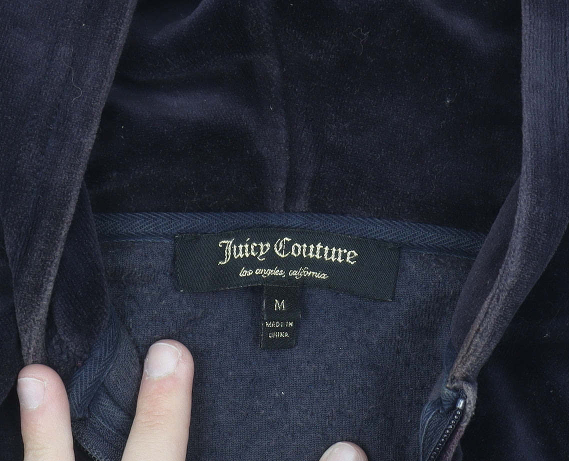 Juicy Couture Women's Navy Velour Full Zip Hoodie M Sequin Logo