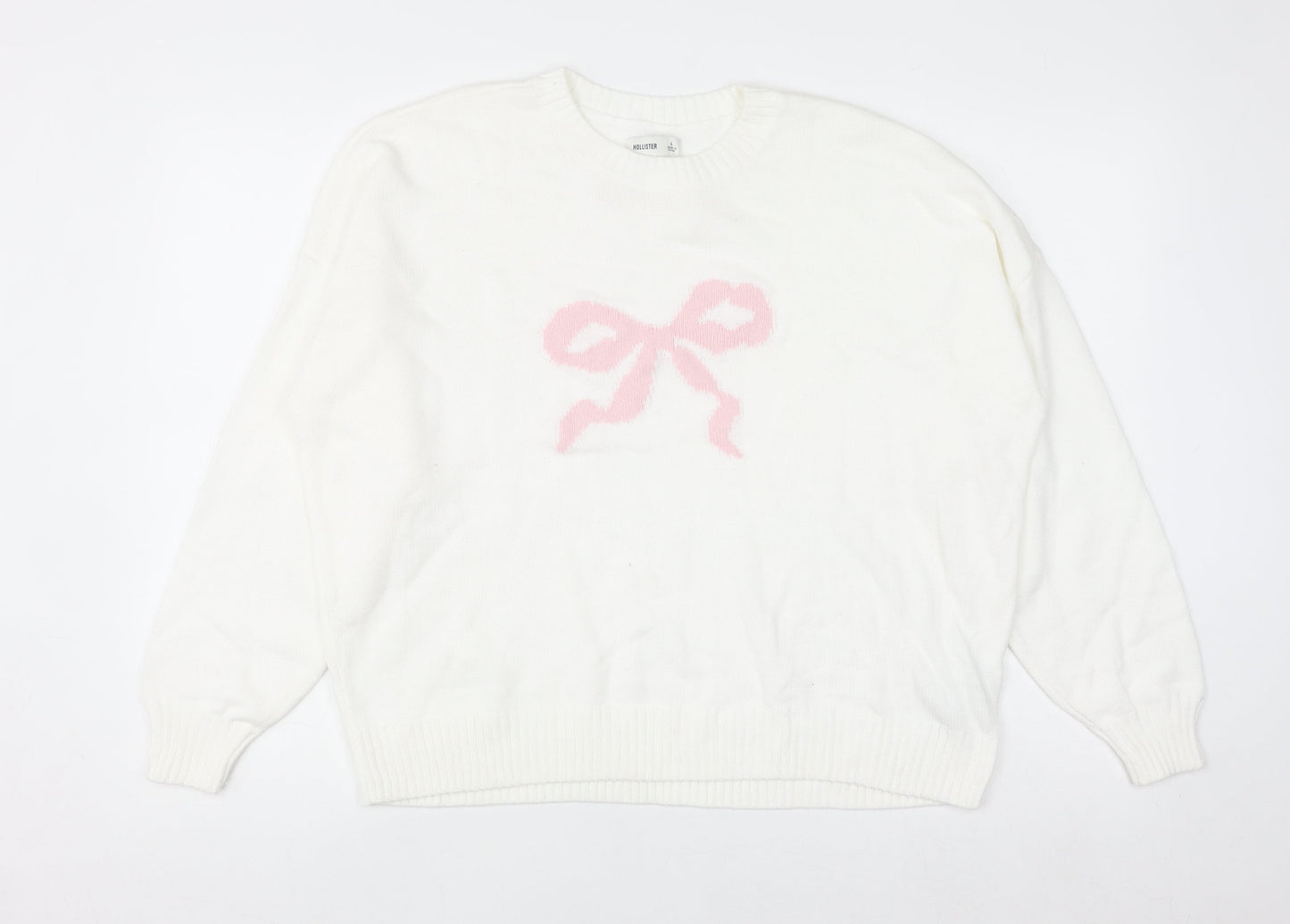 Hollister Women White L Knit Bow Pullover Jumper Cotton Blend