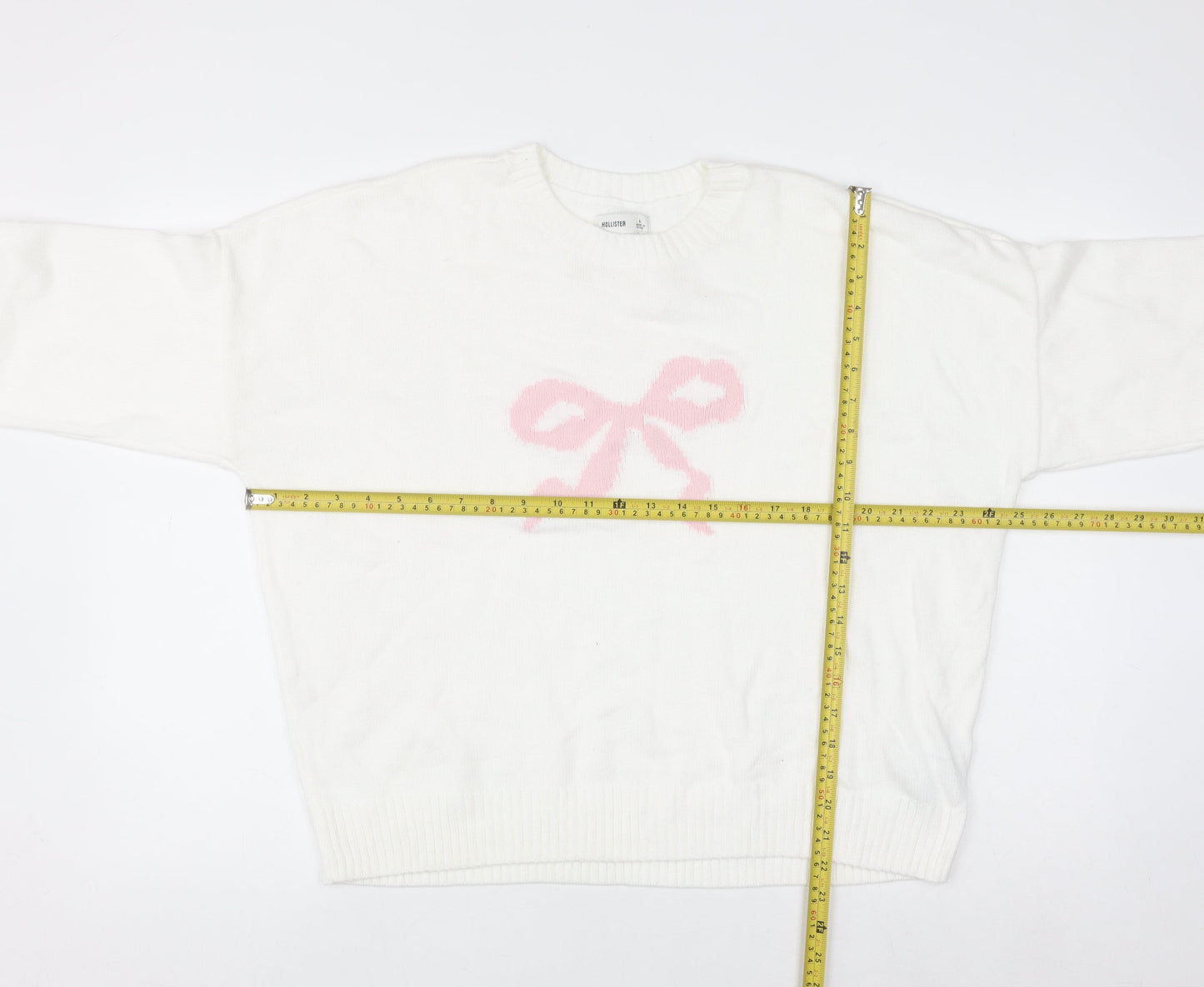 Hollister Women White L Knit Bow Pullover Jumper Cotton Blend