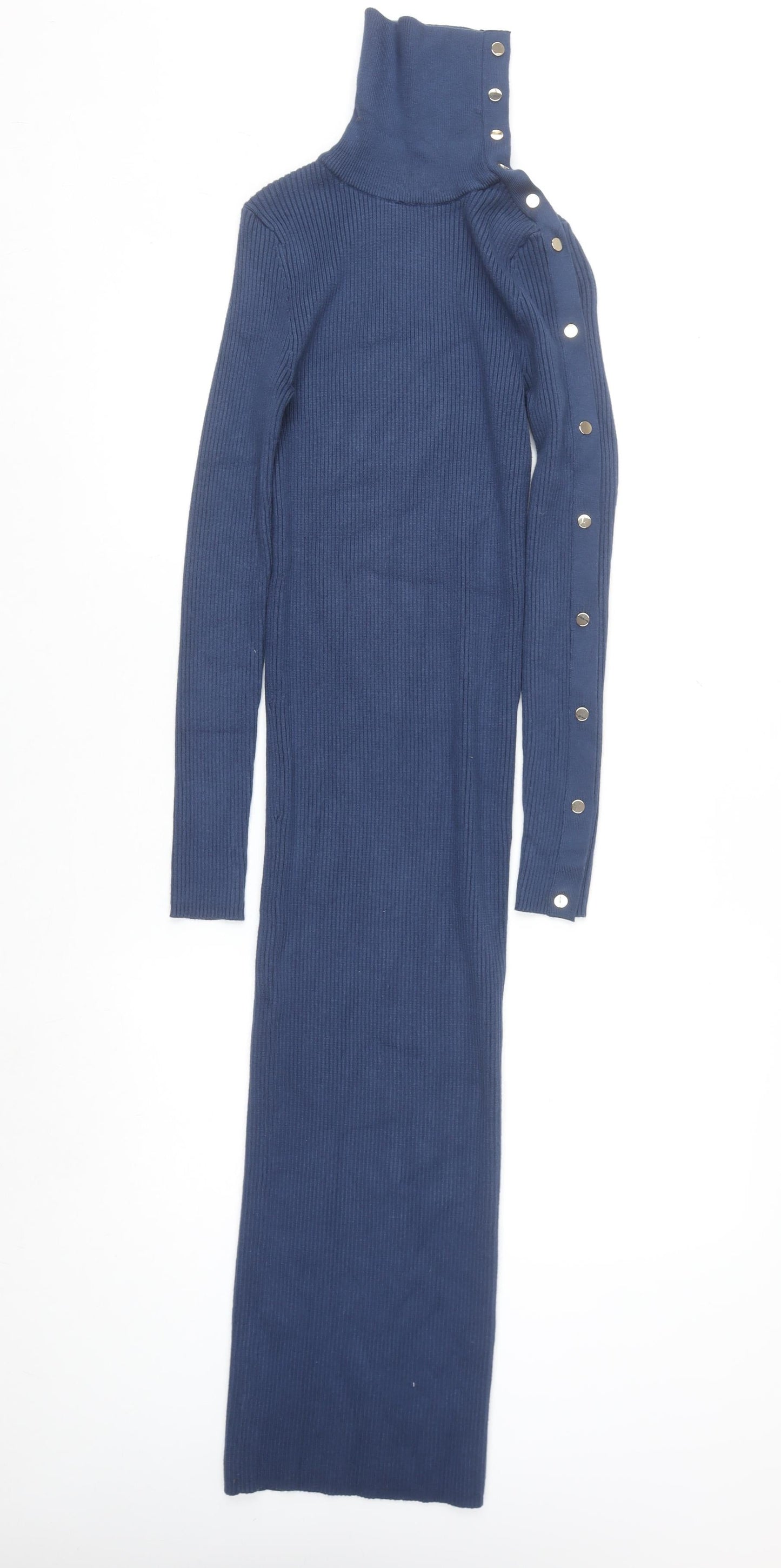 Zara Women Blue Long Bodycon Knit Dress Size 8 High Neck