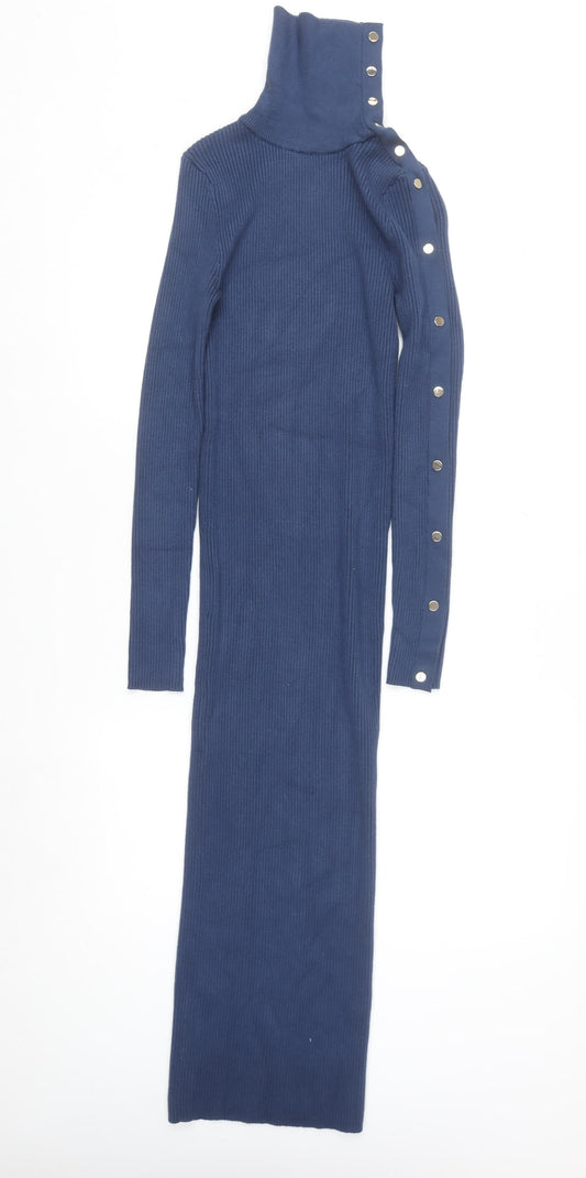 Zara Women Blue Long Bodycon Knit Dress Size 8 High Neck