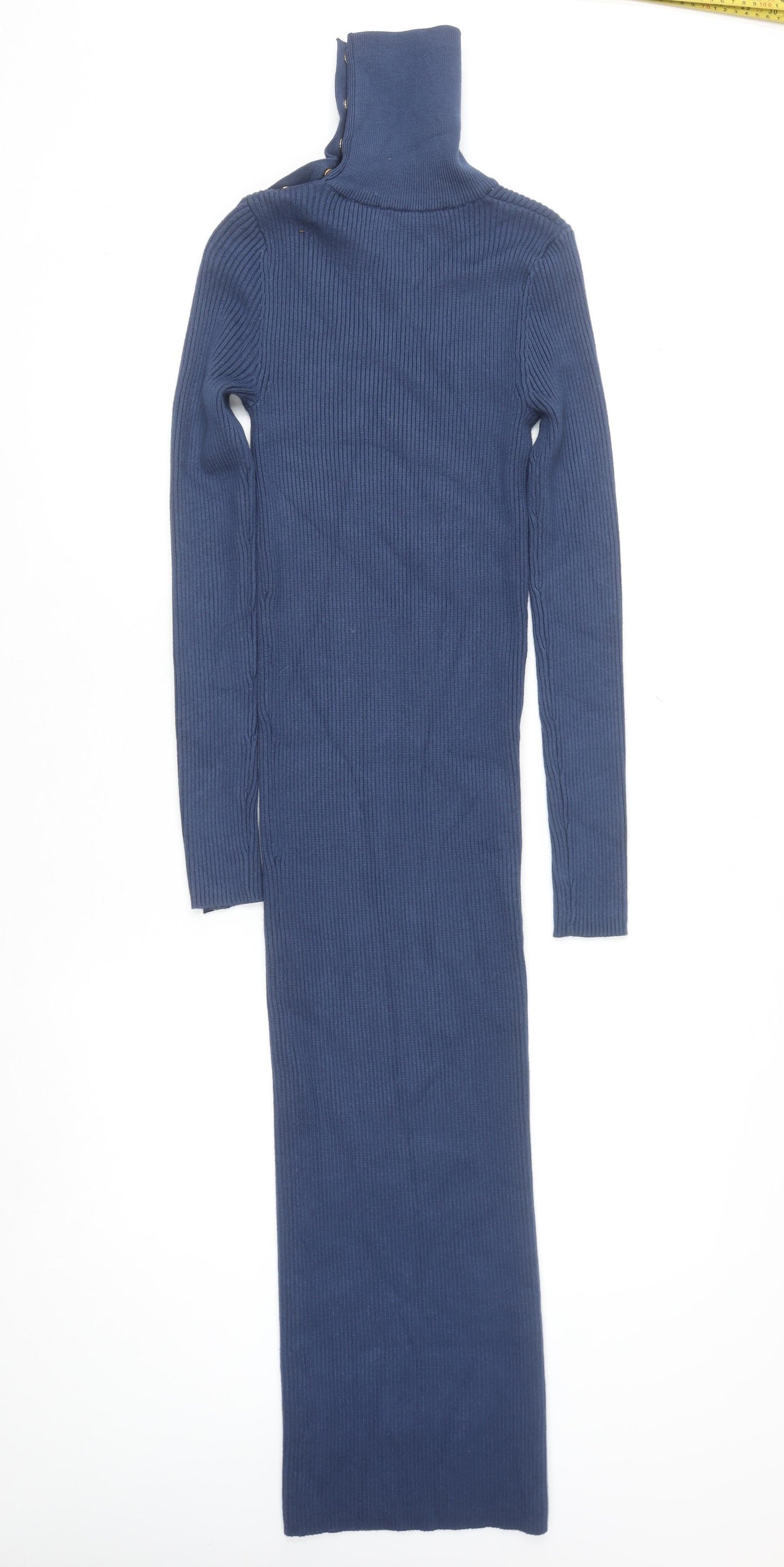 Zara Women Blue Long Bodycon Knit Dress Size 8 High Neck