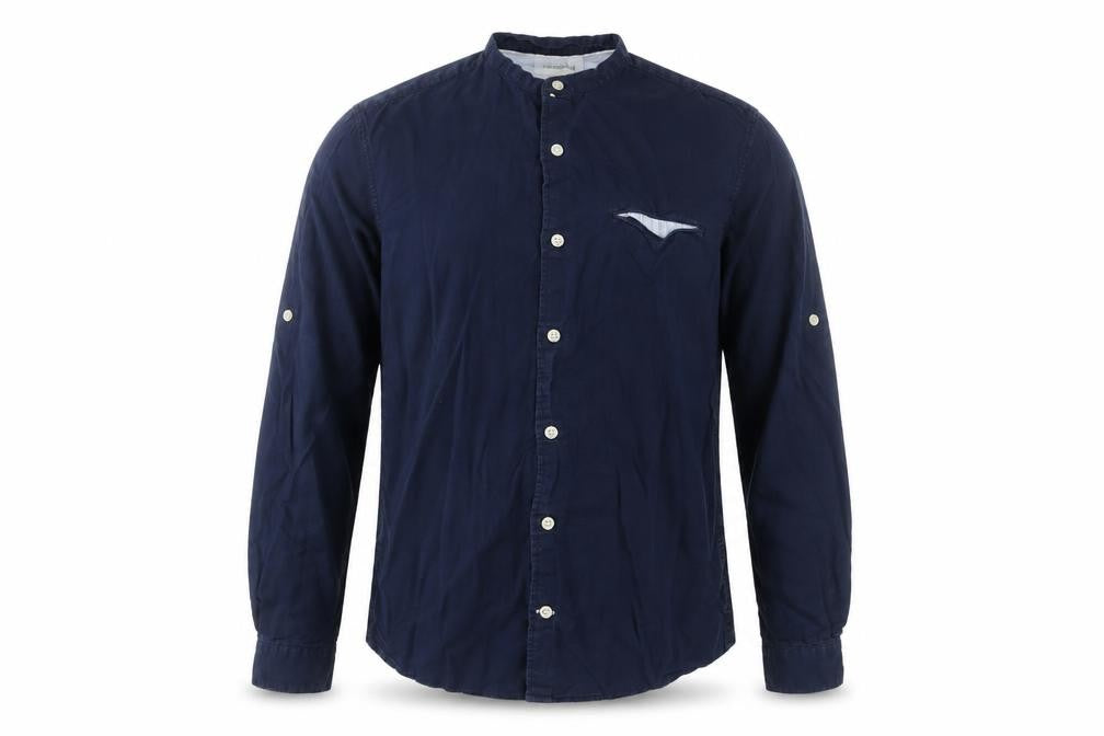 Pull&Bear Men's Blue 36 Woven Cotton-Linen Button-Up Shirt