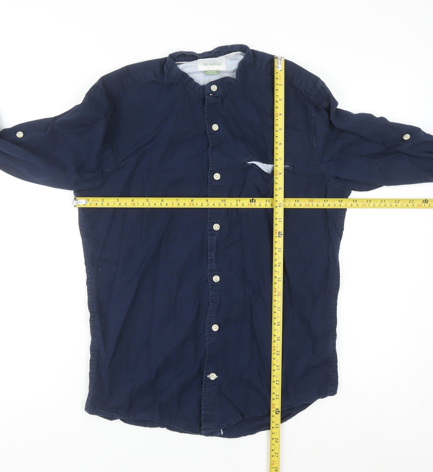 Pull&Bear Men's Blue 36 Woven Cotton-Linen Button-Up Shirt