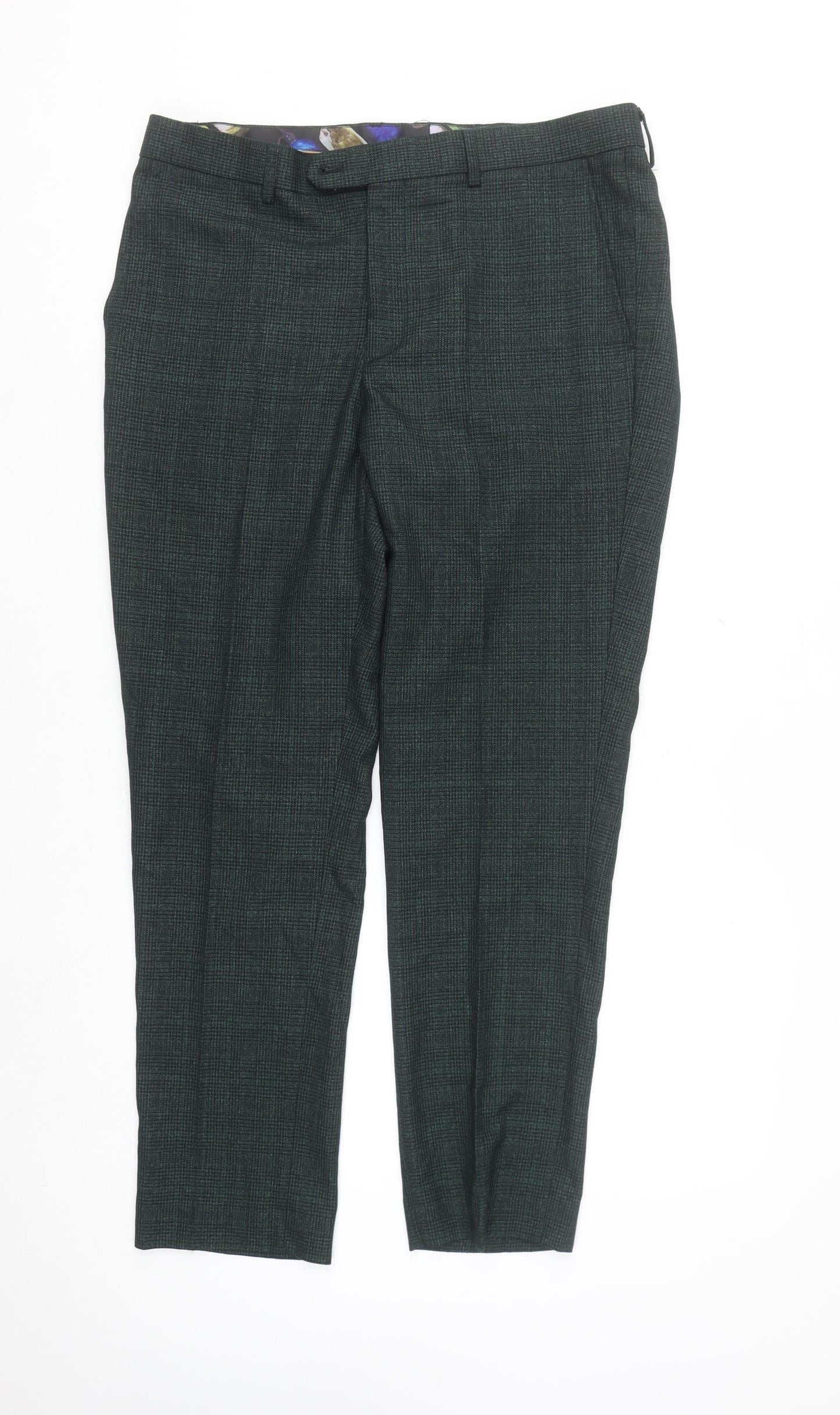 Cavani Mens Green Check Formal Dress Pants 36R Regular Fit Trousers