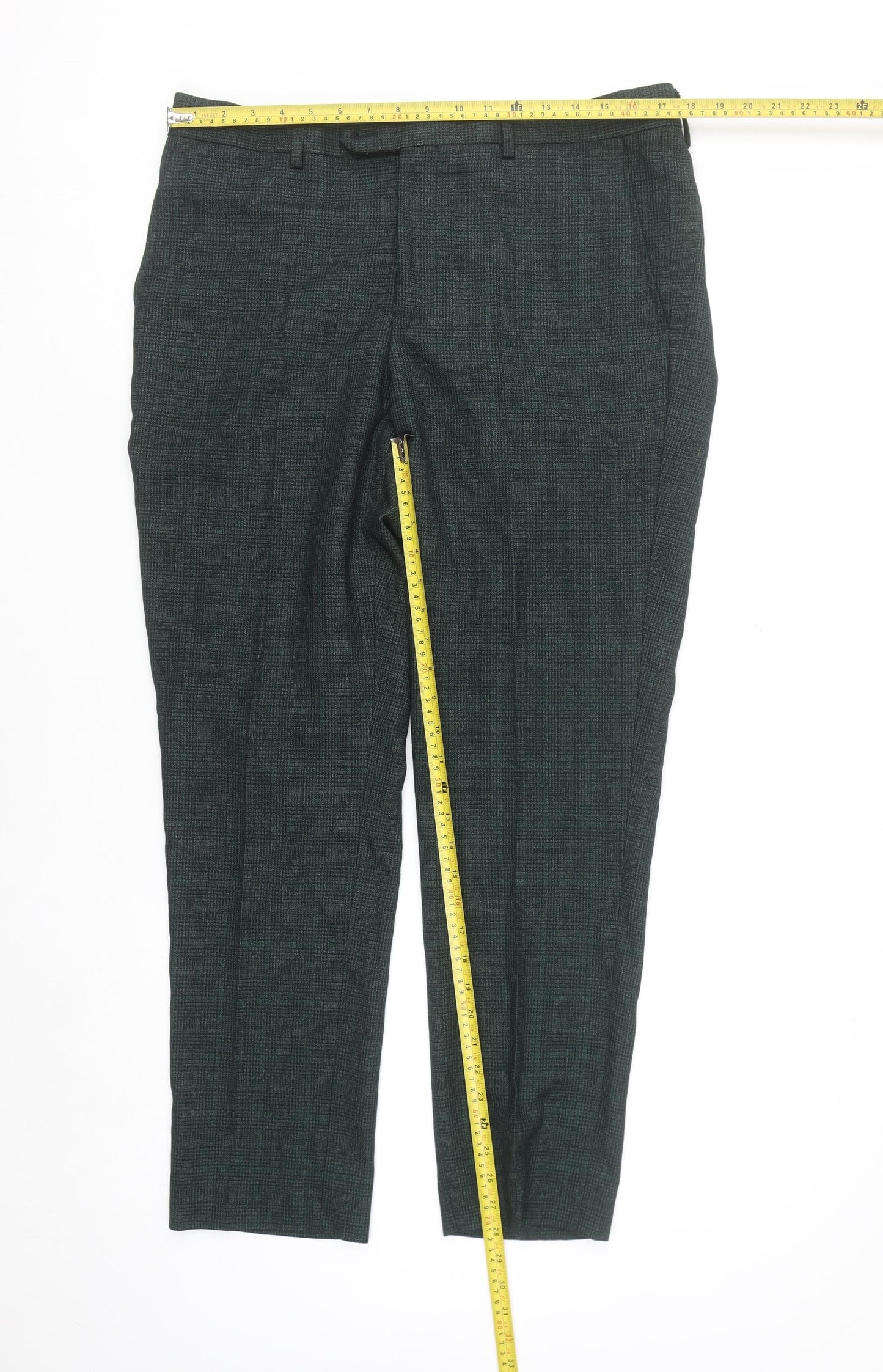 Cavani Mens Green Check Formal Dress Pants 36R Regular Fit Trousers