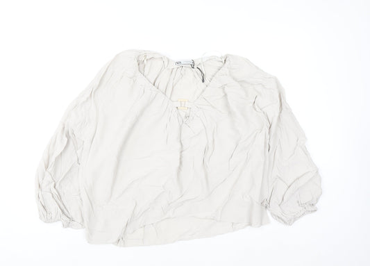 Zara Women Ivory Viscose Tunic Blouse XL Long Sleeve Relaxed Fit