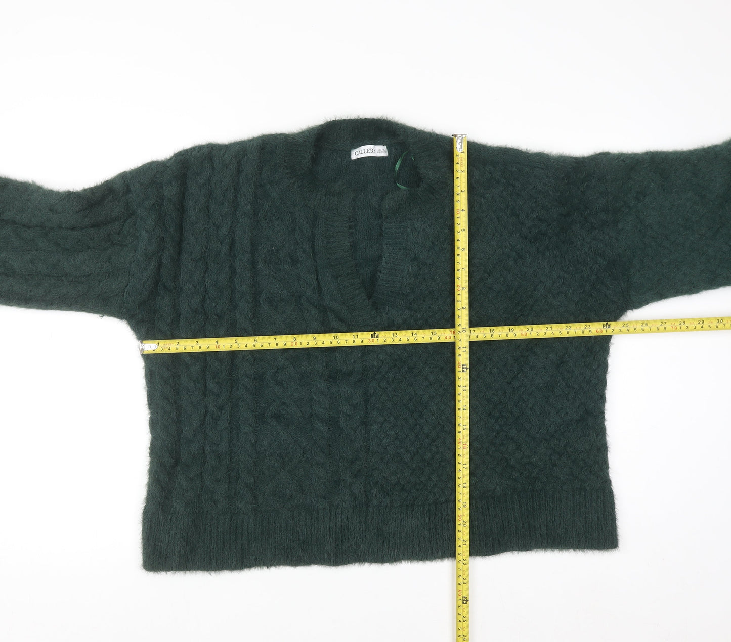 Gallery Women's Green Cable-Knit V-Neck Pullover Jumper XL