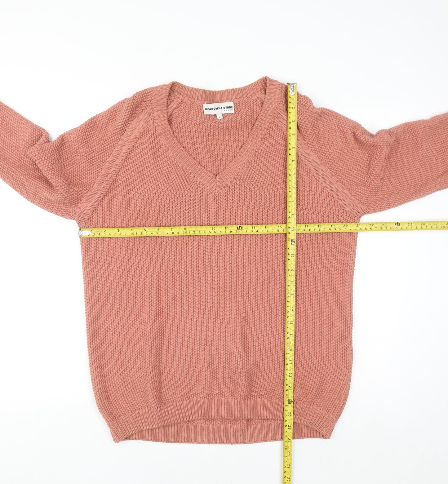Meadows & Byrne Women Pink Cotton V-Neck Chunky Knit Jumper Size L
