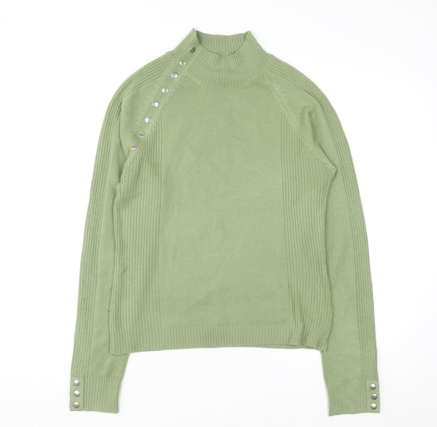 Chickadee Women’s Green Mock Neck Button Trim Knit Jumper Size S