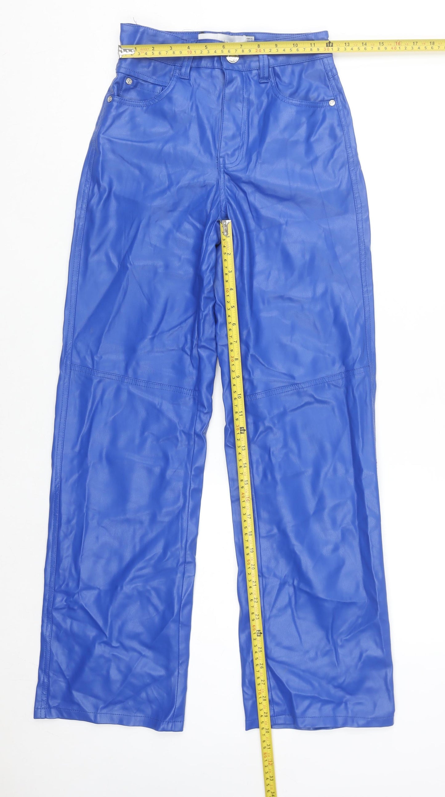 Bershka Women Blue Faux Leather Straight Leg Trousers XS