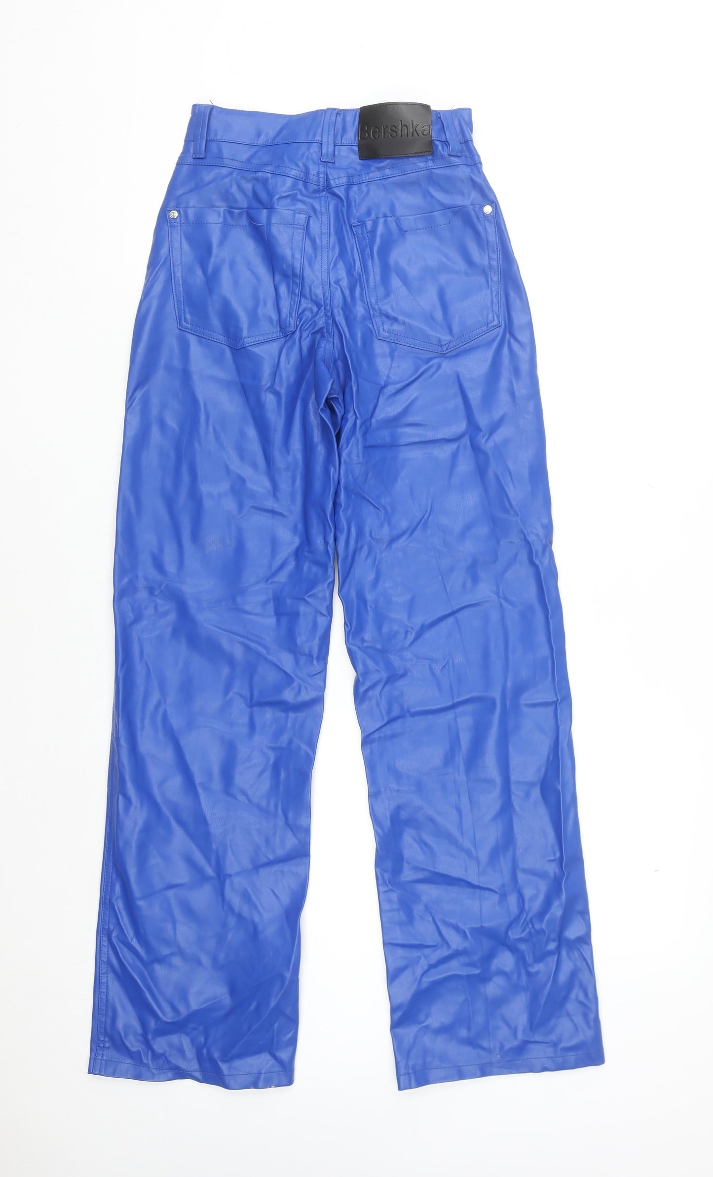 Bershka Women Blue Faux Leather Straight Leg Trousers XS