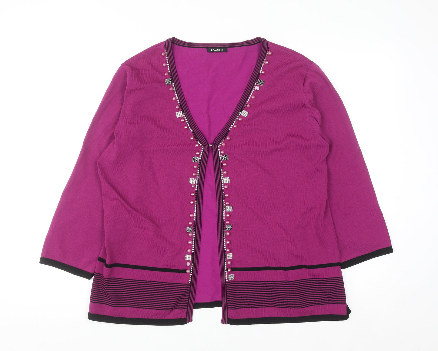 Roman Women's Purple Beaded 3/4 Sleeve V-Neck Cardigan Size 18