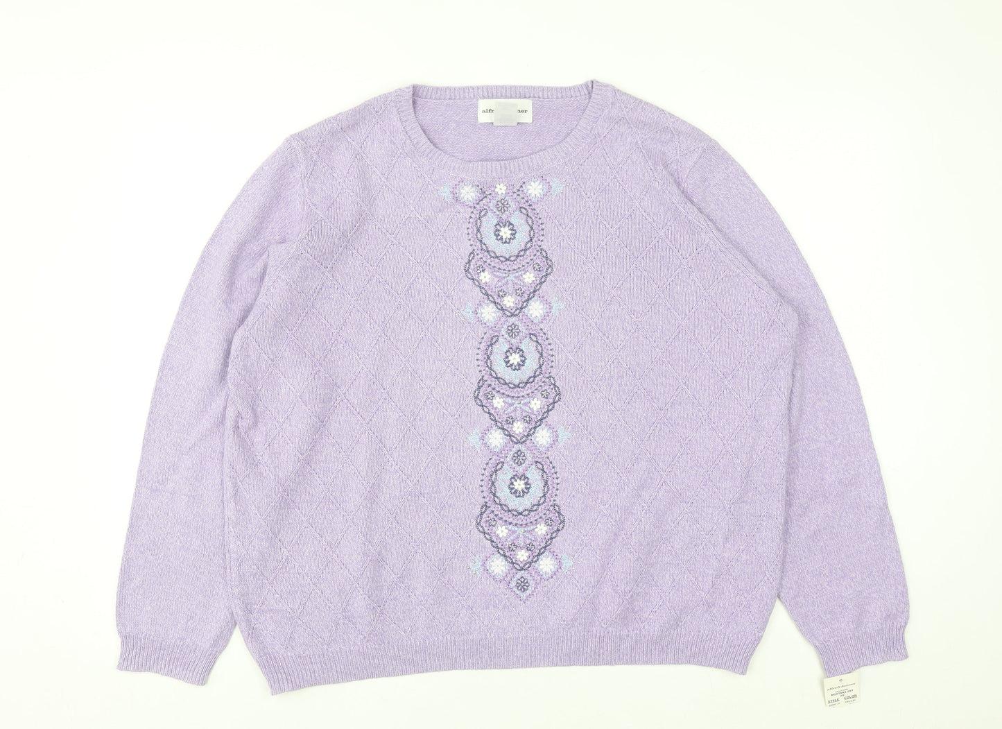 Alfred Dunner Womens Purple XL Crew Neck Embroidered Knit Jumper
