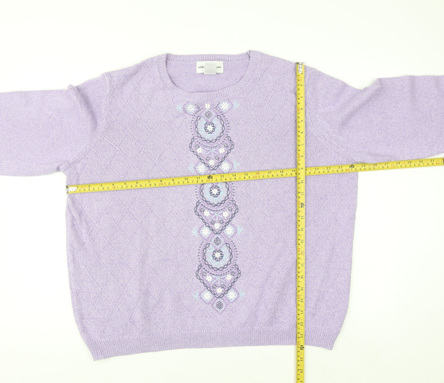 Alfred Dunner Womens Purple XL Crew Neck Embroidered Knit Jumper