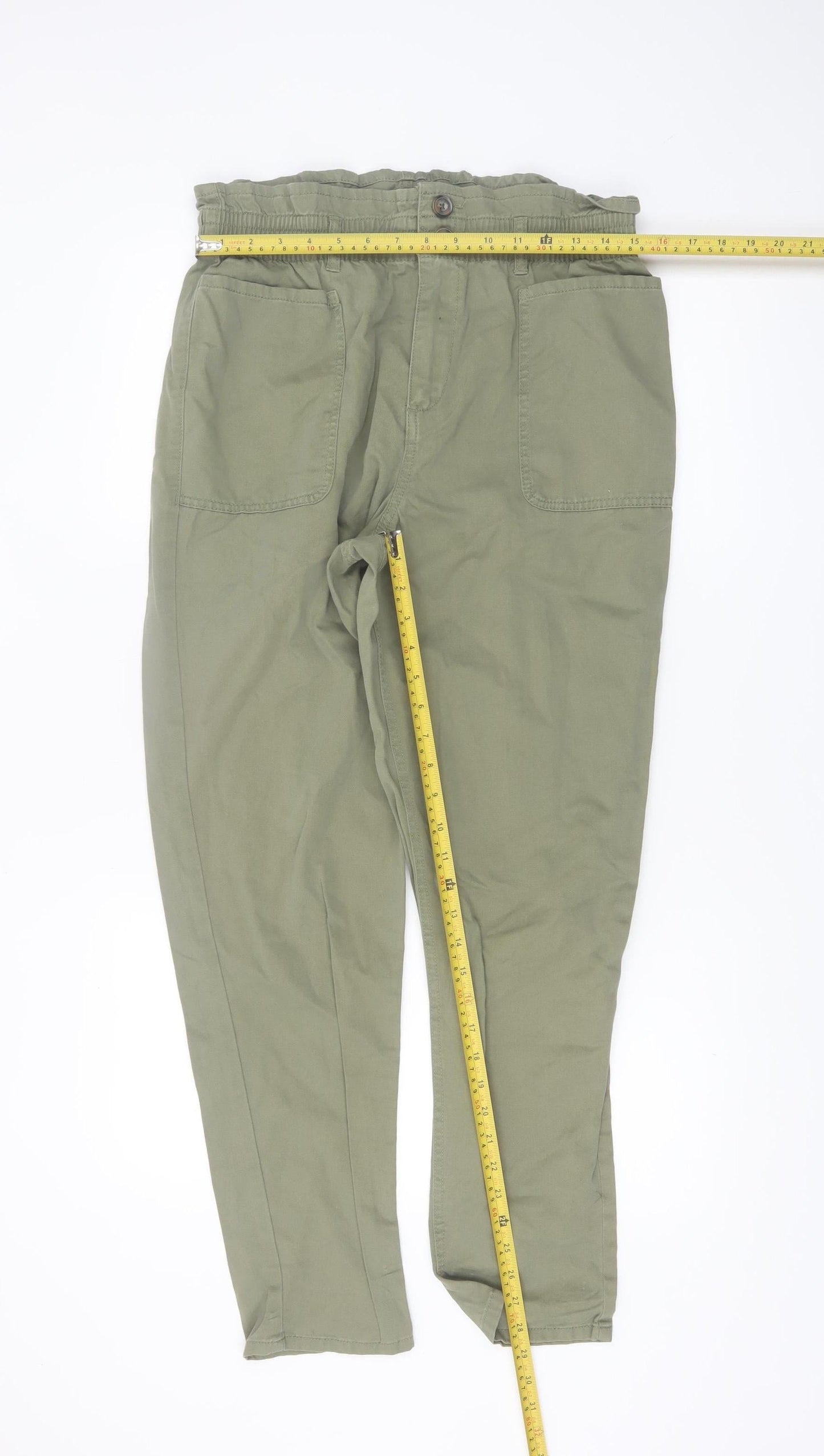 F&F Women’s Green Cotton Paperbag Trousers UK 14 High Rise