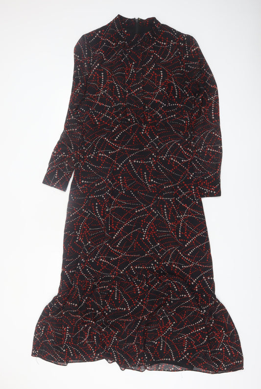Whistles Women Black Red Geometric Midi Fit & Flare Long Sleeve Dress Size 10