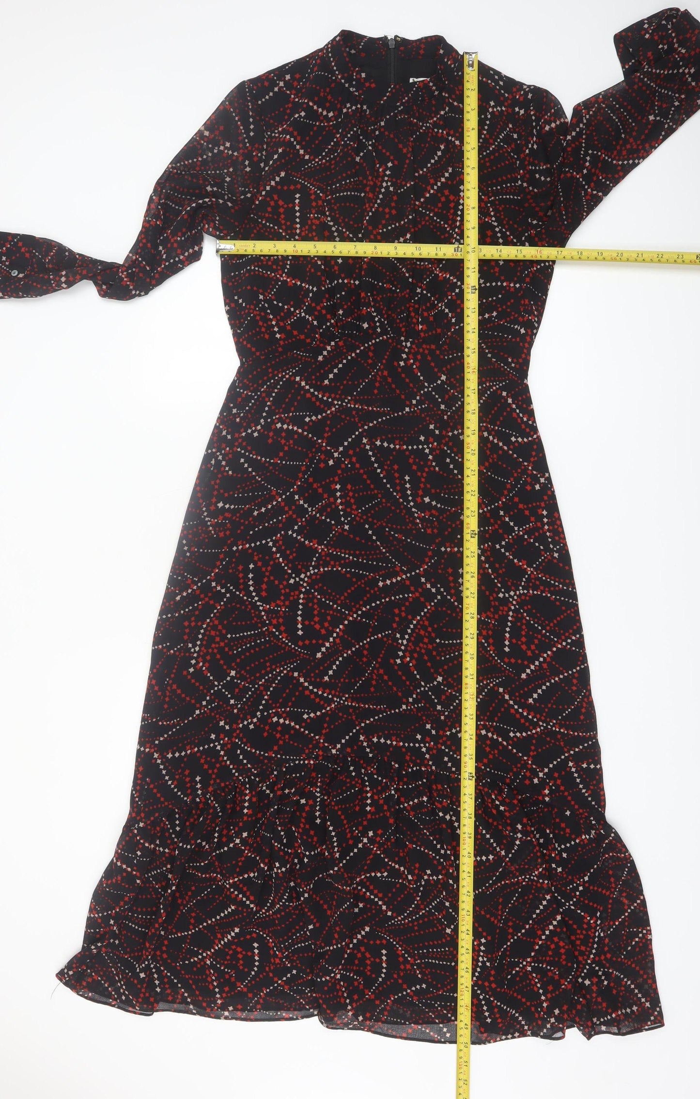 Whistles Women Black Red Geometric Midi Fit & Flare Long Sleeve Dress Size 10