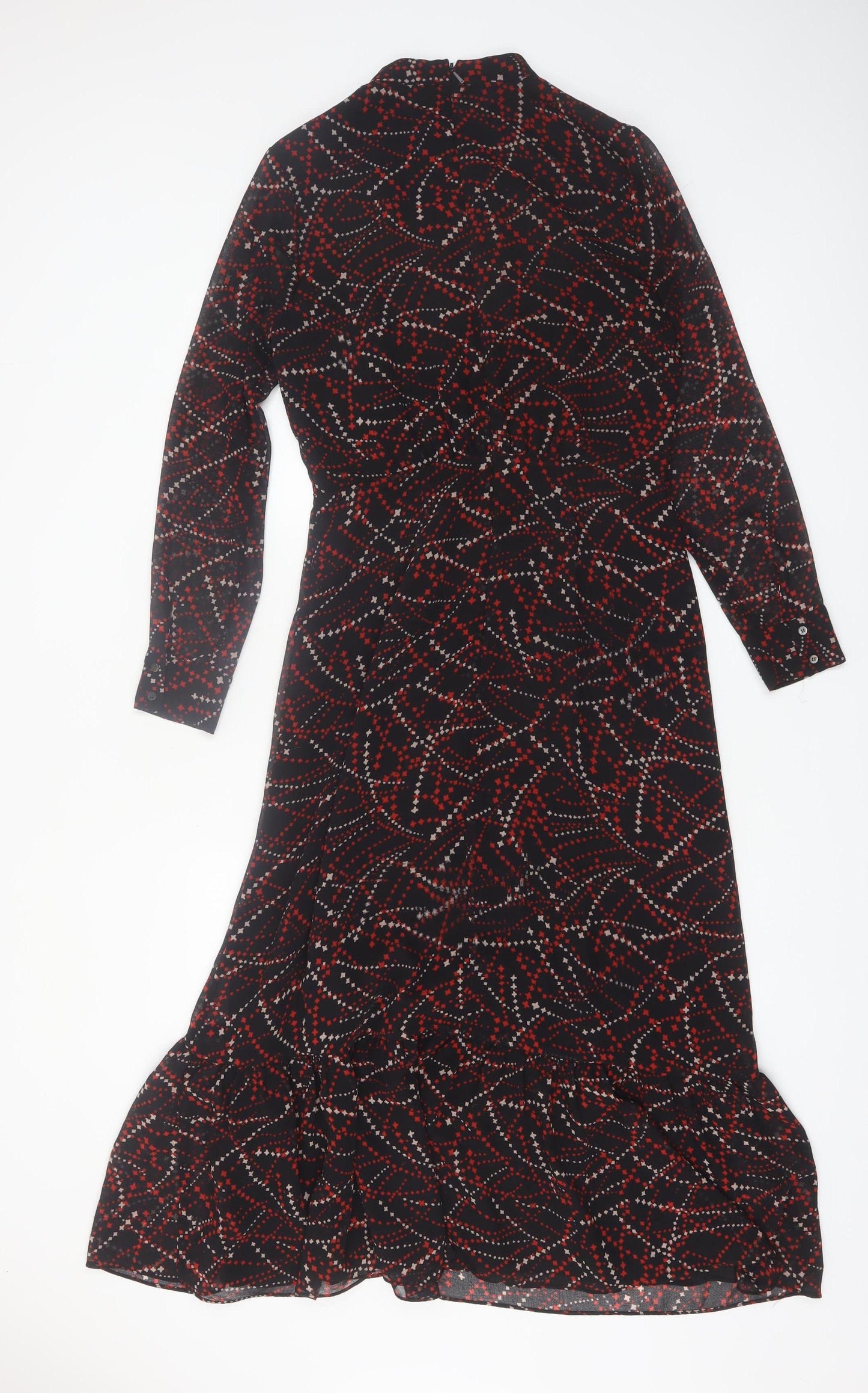Whistles Women Black Red Geometric Midi Fit & Flare Long Sleeve Dress Size 10