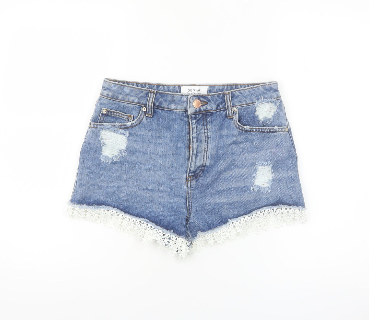 Miss Selfridge Women’s Blue Denim Lace Trim High Waist Shorts Size 10