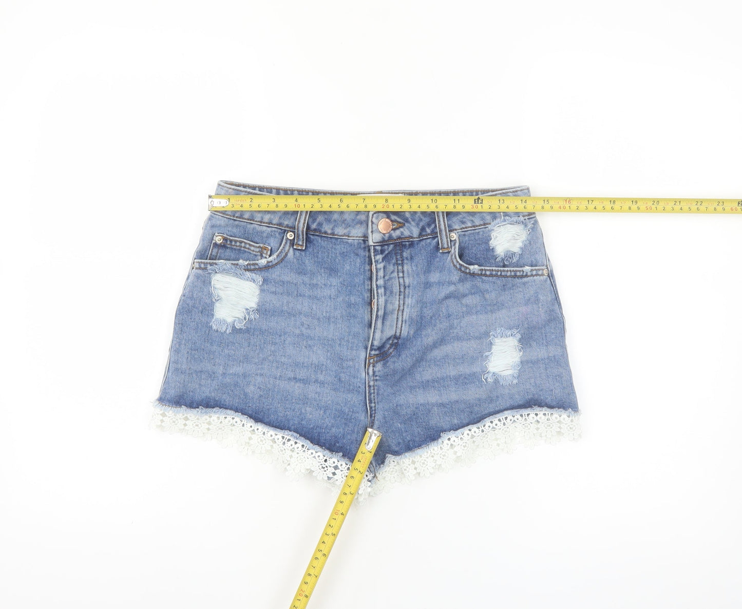 Miss Selfridge Women’s Blue Denim Lace Trim High Waist Shorts Size 10