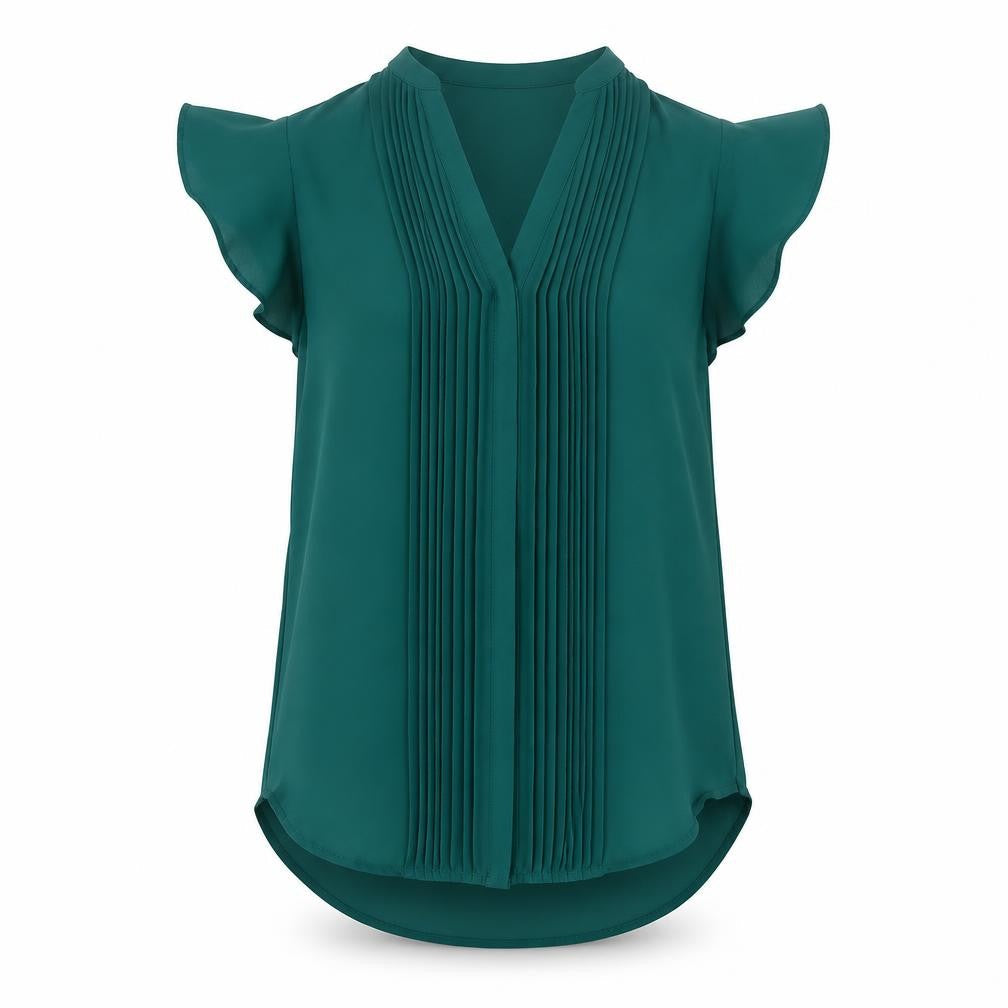 H&M Women's Green Pleated V-Neck Chiffon Tunic Blouse Size 8