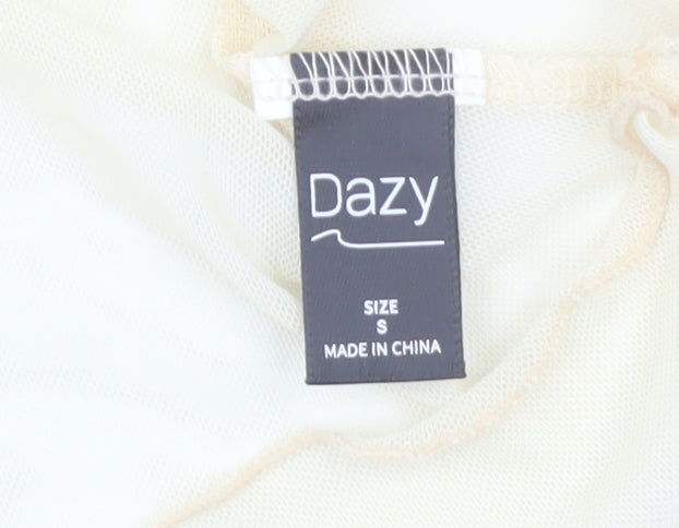 Dazy Women's Beige Roll Neck Mesh Long Sleeve Slim Fit Top Size S