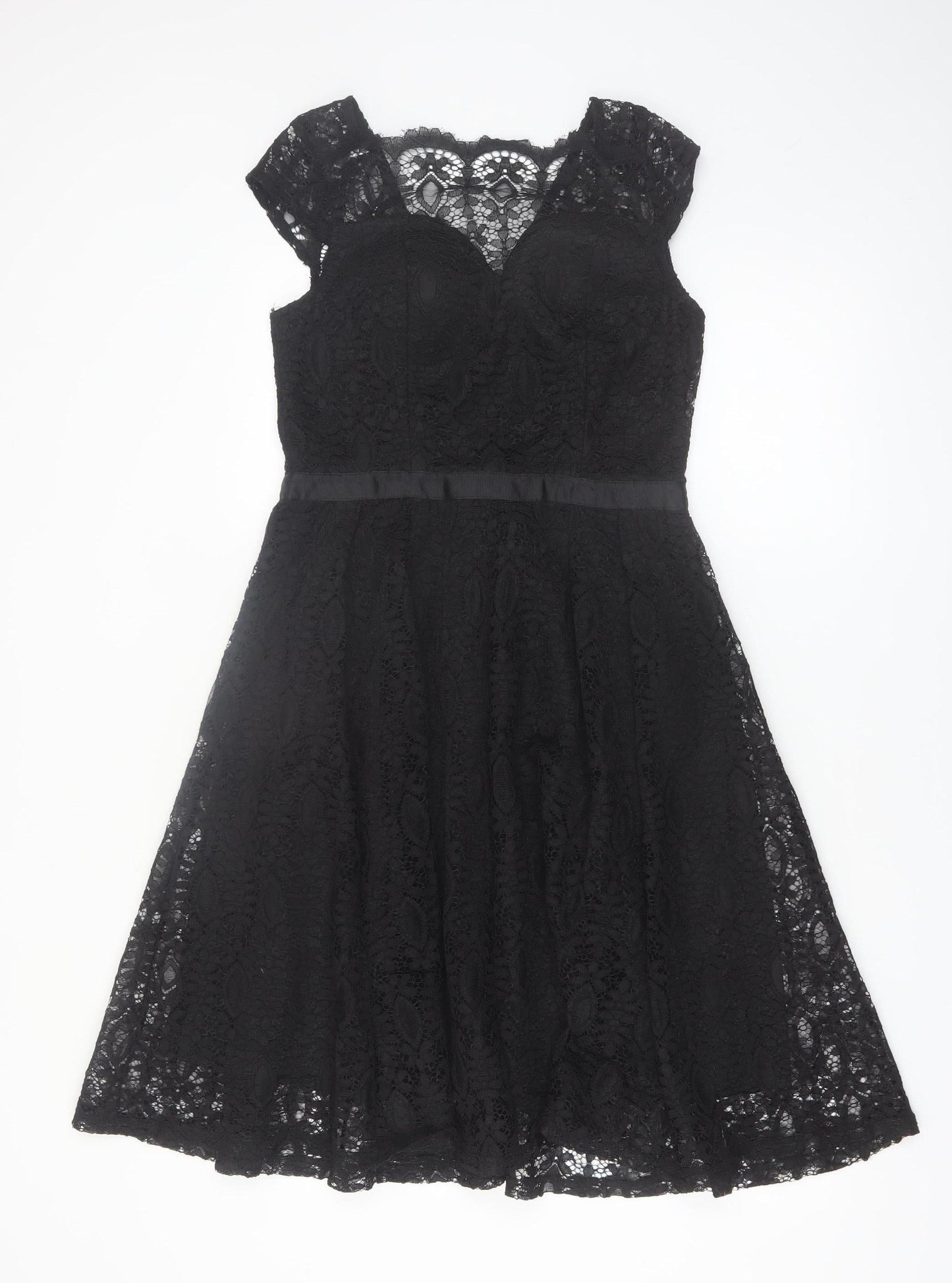 Lucy Wang Womens Black Lace Fit & Flare Knee Length Dress L