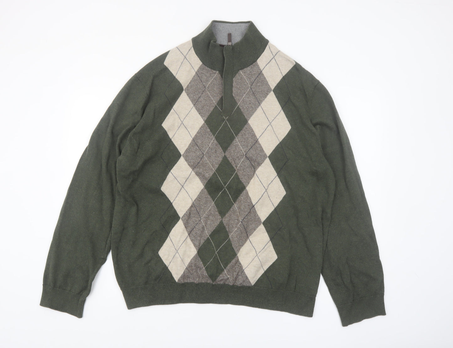 Tasso Elba Men's Green Argyle 1/2 Zip Cotton Jumper XL