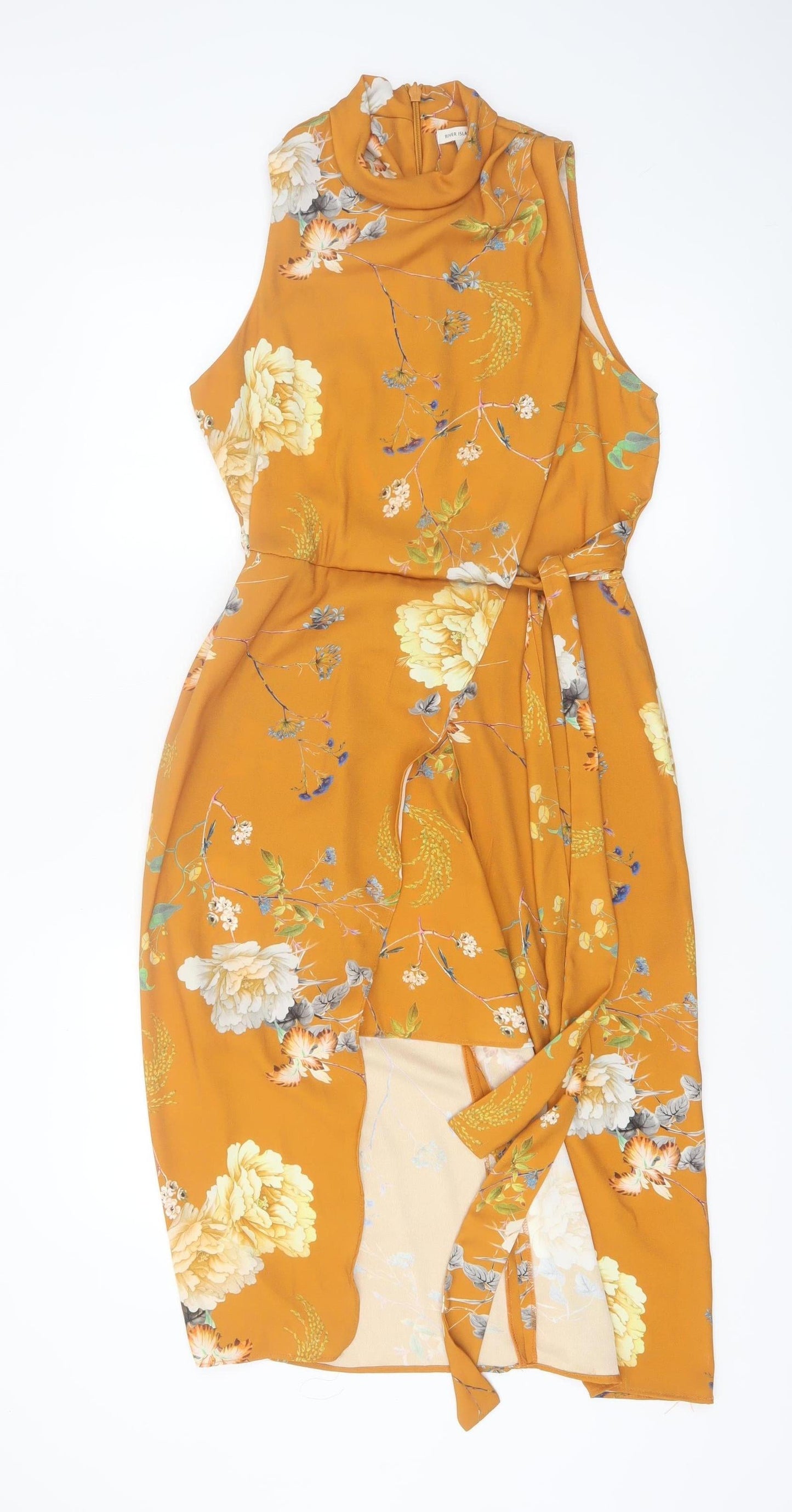 River Island Women's Yellow Floral High Neck Wrap Dress Size 10