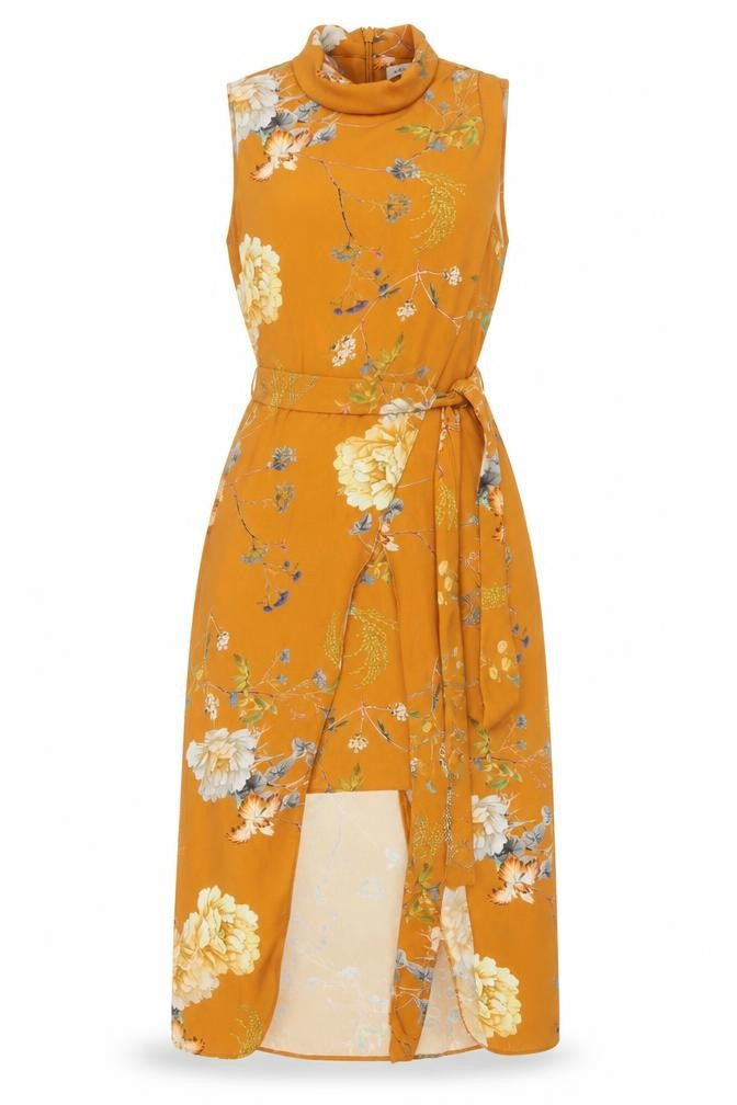 River Island Women's Yellow Floral High Neck Wrap Dress Size 10