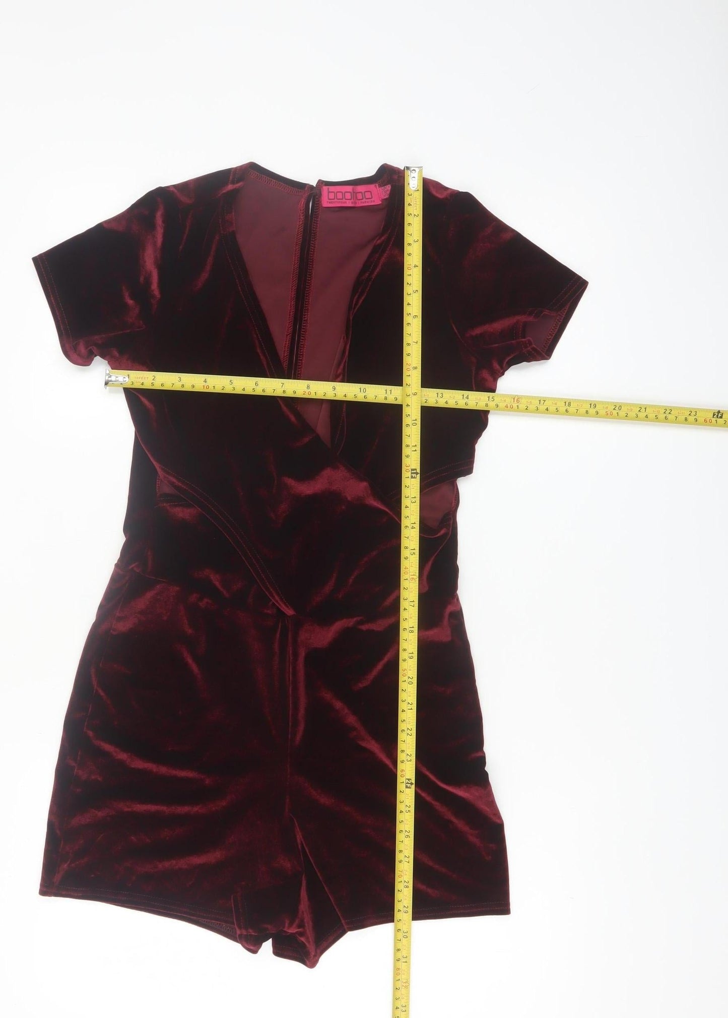 Boohoo Womens Red Velvet Short Sleeve V-Neck Playsuit Size 8